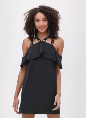 Black Solid A-Line Dress